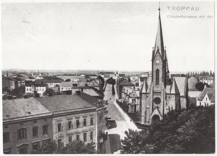 Evangelický kostel, pohlednice. Zdroj: Státní okresní archiv Opava, Sbírka dokumentačního materiálu, kart. 124/32. Rok: počátek 20. století 