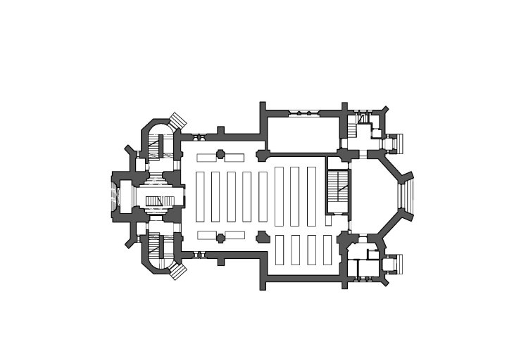 Evangelický kostel, půdorys (reprodukce R. Rosová – M. Strakoš, eds.). Zdroj: Průvodce architekturou Opavy, © Národní památkový ústav