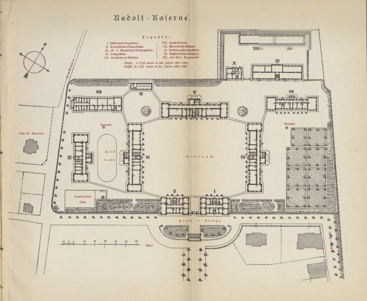 Rudolfova kasárna, situační plán areálu. Zdroj: Reprodukce Die Gemeinde Verwaltung der Landeshauptstadt Troppau 1884–1895. Rok: konec 19. století 