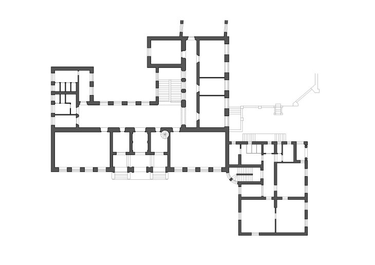 Česká měšťanská škola, půdorys přízemí (reprodukce R. Rosová – M. Strakoš, ed.). Zdroj: Průvodce architekturou Opavy, © Národní památkový ústav