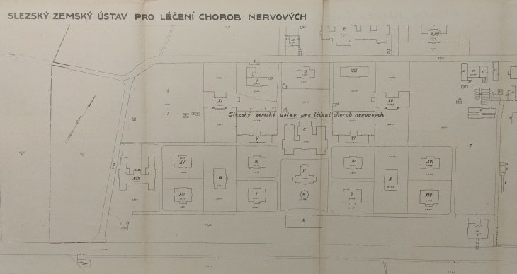 Zemská psychiatrická léčebna, situační plán. Zdroj: Zemský archiv v Opavě, Zemský stavební úřad, inv. č. 687. Rok: 1928