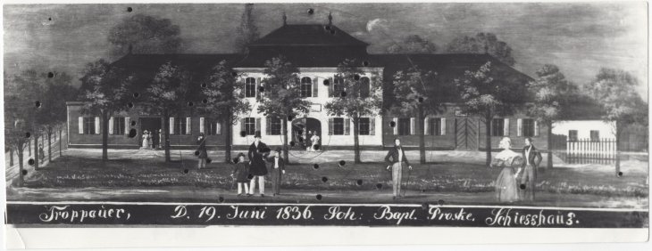 Městská střelnice, podoba před přestavbou v 80. letech 19. století. Zdroj: Státní okresní archiv Opava, Sbírka dokumentačního materiálu, kart. 125/21. Rok: 1836