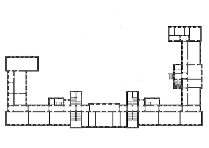 Učitelský ústav, půdorys přízemí (reprodukce R. Rosová – M. Strakoš, ed.). Zdroj: Průvodce architekturou Opavy, © Národní památkový ústav