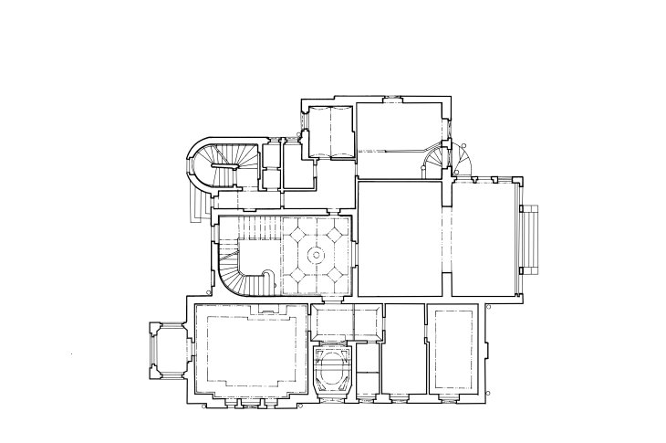 Vila Josefa Hatschka, půdorys přízemí (reprodukce R. Rosová – M. Strakoš, ed.). Zdroj: Průvodce architekturou Opavy, © Národní památkový ústav