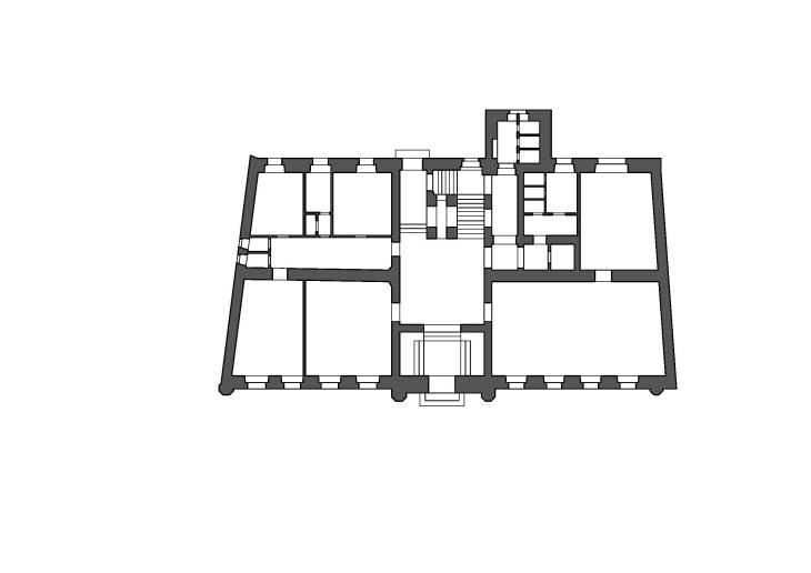 Chlapecká obecná a měšťanská škola, půdorys přízemí (reprodukce R. Rosová – M. Strakoš, ed.). Zdroj: Průvodce architekturou Opavy, © Národní památkový ústav