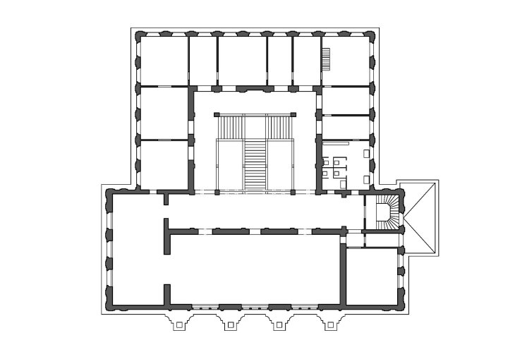 Obchodní a živnostenská komora, půdorys přízemí (reprodukce R. Rosová – M. Strakoš, ed.). Zdroj: Průvodce architekturou Opavy, © Národní památkový ústav