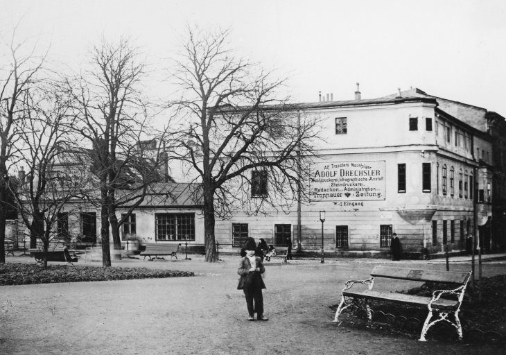 Drukarnia Drechslera. Źródło: Muzeum Ziemi Śląskiej w Opawie, sig. A 74.304/1. Rok: Początek XX wieku