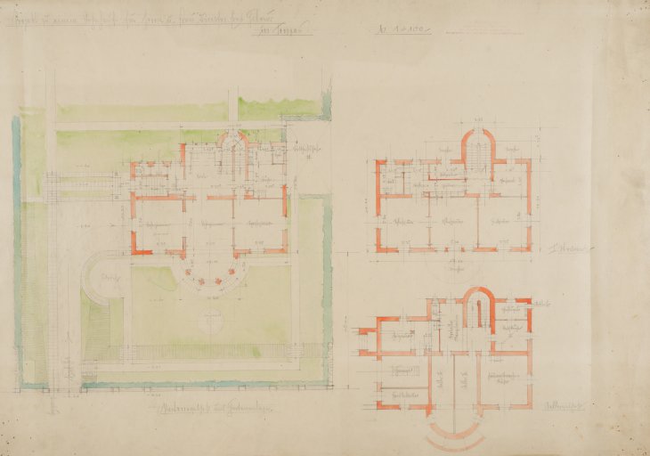 Vila Ernsta a Herminy Gebauerových, první, nerealizovaný návrh – půdorys přízemí, suterénu a prvního patra, Erich Geldner. Zdroj: Státní okresní archiv Opava, fond Erich Geldner, nezpracováno. Rok: nedatováno