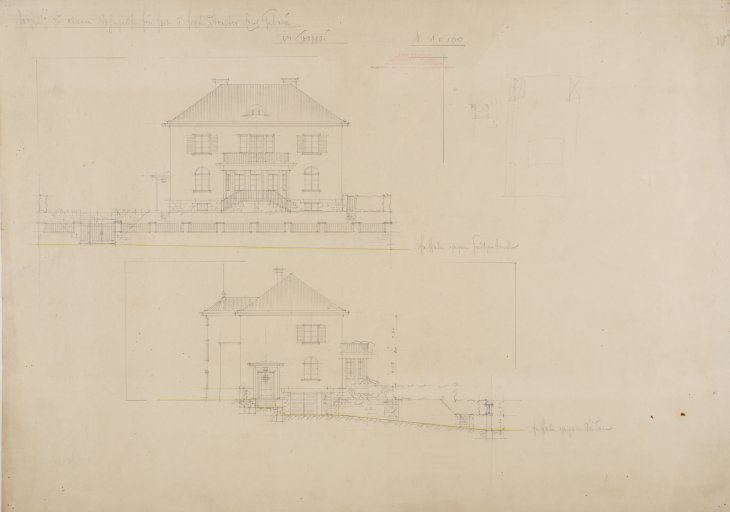 Vila Ernsta a Herminy Gebauerových, první, nerealizovaný návrh – pohled uliční (východní) a jižní, Erich Geldner. Zdroj: Státní okresní archiv Opava, fond Erich Geldner, nezpracováno. Rok: nedatováno 