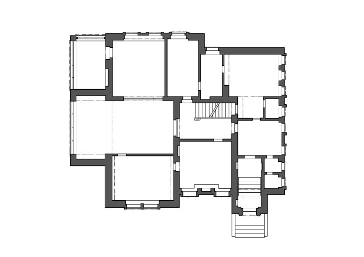 Vila Augusta Lassmanna, půdorys přízemí (reprodukce R. Rosová – M. Strakoš, ed.). Zdroj: Průvodce architekturou Opavy, © Národní památkový ústav