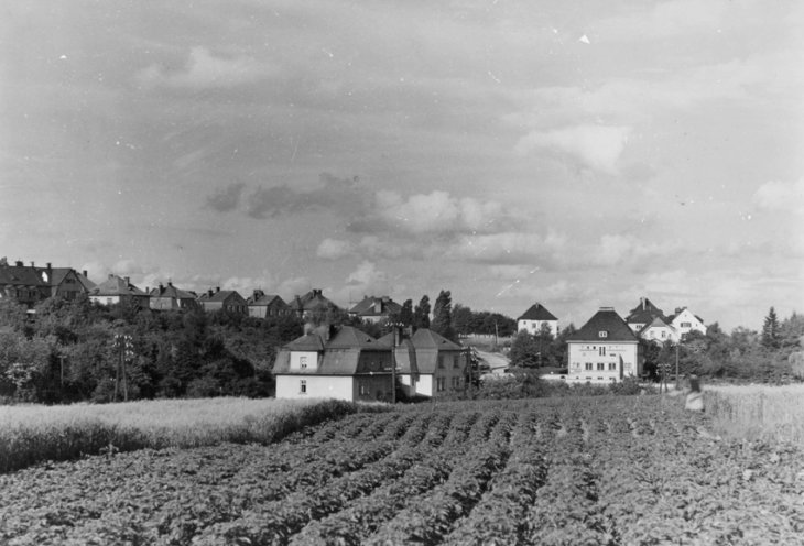 Vila Bruna Vogela (vpravo), pohled od západu. Zdroj: Slezské zemské muzeum, uměleckohistorické pracoviště, Braunův archiv, sig. A 7757. Rok: 30. léta 20. století 